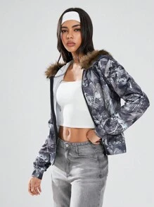 SHEIN Unity 1件女士休闲树叶印花保暖连帽卫衣，多色可选，时尚复古风格，适合秋冬季节穿着。 - 軍綠色 - 查看 7