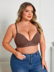 1pc Plus Size Women Wire-Rimmed Push-Up Fastening Lingerie Bra, Simple Solid Color - Coffee Brown - View 5