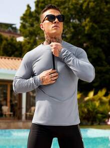 Manfinity Swimmode Men Solid Color Zip Up Surf T-Shirt, Slim Fit Casual Daily Wear,Hawaiian