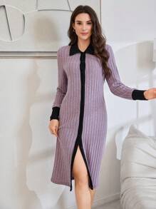 Robe décontractée en tricot texturé bicolore pour femmes - Multicolore - Voir 6