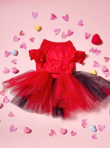 PETSIN 1 件宠物情人节红色盖袖渐变红黑渐变网眼“我爱妈妈”印花优雅甜美狗狗公主裙 - 彩色 - 查看 8