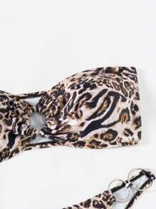 SHEIN Swim Summer 3pcs Set Fashionable Leopard Pattern Women Bikini Set With Metal Ring Decorated Bikini With Beach Mesh Printed Coverup