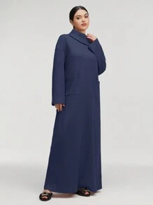 Al Najma 女士纯色高领长袖口袋宽松长款休闲阿拉伯连衣裙，休闲风格，适合日常休闲/旅游/度假/休假/家居服，超长阿拉伯连衣裙 - 寶藍色 - 查看 4
