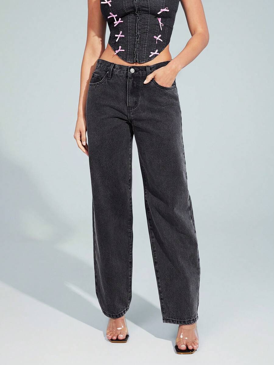 Denimoi 优质低腰宽松直筒牛仔裤 - 黑色 - 查看 1