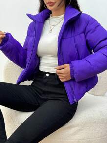 Muchica 短款立领休闲纯色冬季夹克 - 寶藍色 - 查看 4