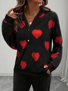 EMERY ROSE Heart Print Hoodie, Valentine's Day Pullover Fall - Black - View 4