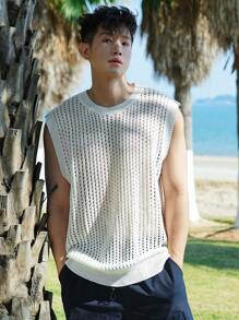 DAZY 男士度假沙滩透气网眼镂空上衣 - 米色 - 查看 4