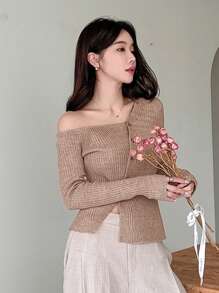 DAZY 女士秋季露肩纽扣前开襟休闲毛衣，秋季女装 - 卡其色 - 查看 5