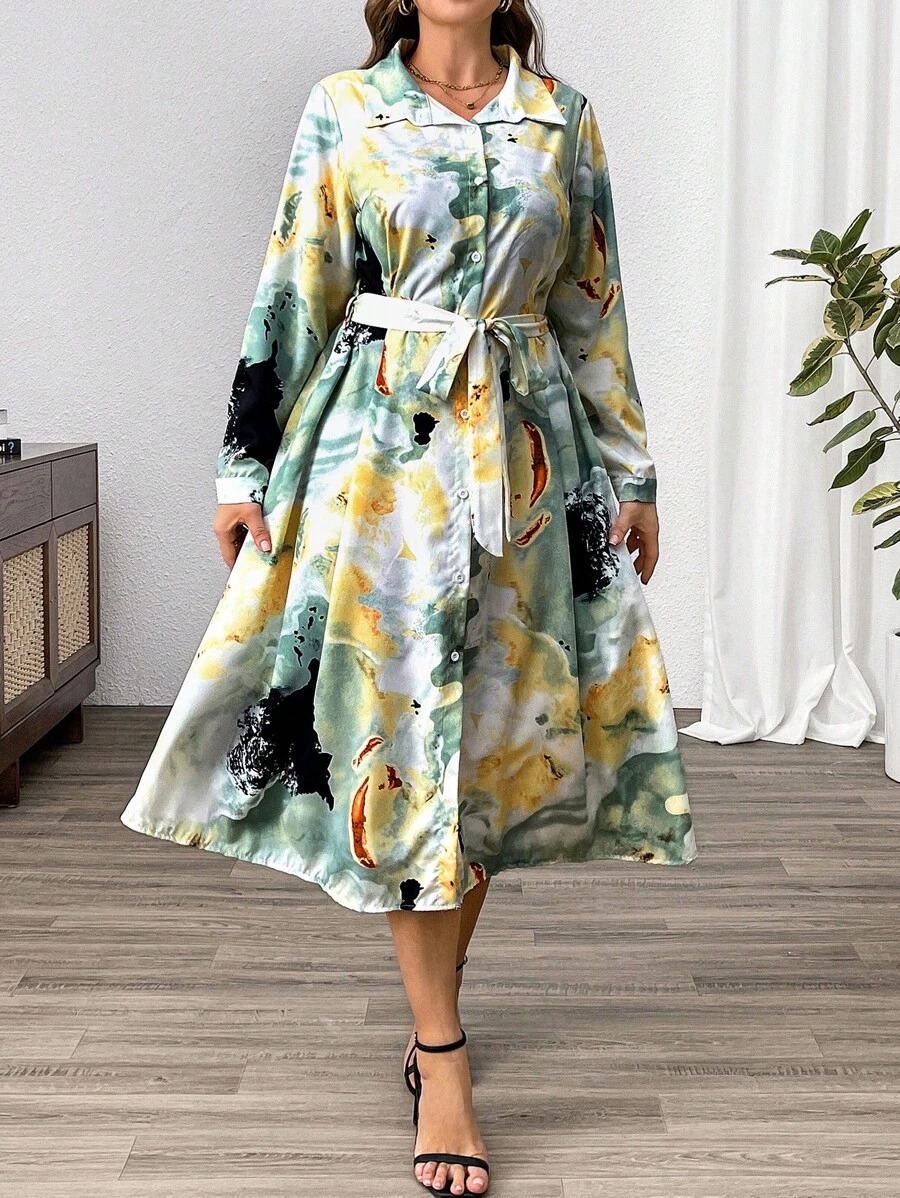 SHEIN Clasi Plus Size Front Button Long Sleeve Printed Tie Front Casual Dress - Multicolor - View 1