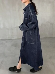 FRIFUL Women's Front Button Long Sleeve Pocket Simple Casual Jean Dress - Black - View 6