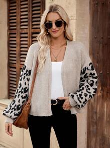 EMERY ROSE Women Leopard Print Patchwork Casual Cardigan Sweater - Multicolor - View 5