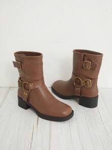 SHUZIA 女士棕色厚底摩托靴，双扣带和金色五金配件，舒适方头，日常款式，新年假期