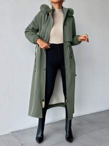 Women's Detachable Fur Collar & Hooded Lined Coat - Mint Green - View 7