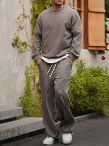 DAZY 2pcs Men's Straight-Fit Long Sleeve T-Shirt And Long Pants Basic Set,Fall Clothes - Grey - View 5