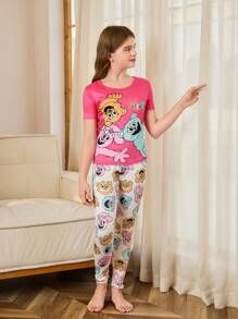 SHEIN 2pcs Tween Girls Cute Cartoon Monster Print Pink Snug Fit Short Sleeve Top And Pants Pajama Set - Pink - View 5