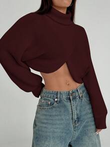 SHEIN Unity Women Casual Solid Color High Neck Batwing Sleeve Cropped Sweater, Autumn/Winter - Burgundy - View 6