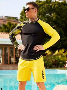 Manfinity Swimmode 2pcs/Set Men's Long Sleeve Top And Shorts Set, Casual Everyday Wear,Hawaiian