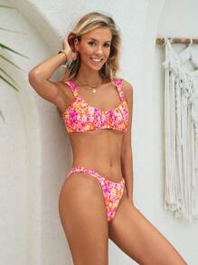 Swim Mod 2pcs Tropical Plant Print Reversible Low-Cut Ruched Wireless Sexy Women Bikini Set Summer - Multicolor - View 8