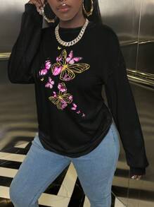 SHEIN Slayr Oversized T-shirt met vlinderprint, lange mouwen en losse pasvorm