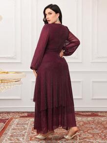 Modelyn Plus Size Plain Crew Neck Long Sleeve Ruched Simple Casual Dress - Burgundy - View 2