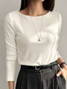 Dazy-Less Áo thun nữ cổ tròn tay dài màu trơn, mặc hàng ngày, trang phục mùa thu - trắng - Xem 2