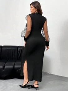 SHEIN Privé Plus Size Women Valentine's Day 3D Print Black Mandarin Collar Side Slit Fitted Cheongsam Dress