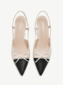 CUCCOO CHICEST Pointed Toe Kitten Heel Elegant Commuter Bow Accent Bicolor Women's High Heel Pumps, Casual Chic Outfit, Spring - Apricot - View 8
