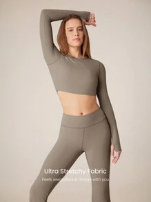 GLOWMODE 2 Pieces 31" FeatherFit™ Make A Move Activewear Long Sleeves Tee & Flare Leggings Set With Built-In Thumbholes Yoga Pilates - Khaki - View 6