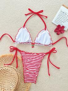 Swim Mod 女士夏季樱桃印花三角吊带泳衣上衣和红白条纹比基尼下装可爱性感泳衣套装 - 紅白色 - 查看 2