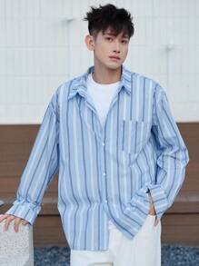 DAZY 男士蓝白休闲学院风长袖衬衫，秋装 - 藍白色 - 查看 8