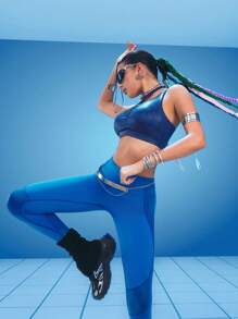 Innovista Damen Leggings mit hoher Taille, aus blauer Kunstleder-Patchwork-Optik, dehnbar mit Taschen, für Fitness, Alltag, Laufen, Radfahren, Yoga, Winteroutfits für Frauen, kühles Hellblau - Königsblau - Übersicht 10