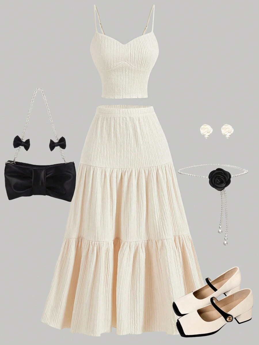 Girlism Teen Girl 2pcs/Set ,Apricot ,Vacation, Elegance,Camisole Tank Top And Long Skirt,Brunch Outfit, Two Pieces Sets,Inside Out,Spring And Summer,Fall Clothes,Back To School Clothes - Apricot - View 1