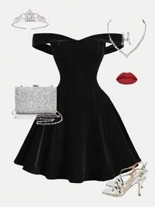 Tween Girls Solid Color Velvet Waist-Cinching Elegant Black Dress - Black - View 2