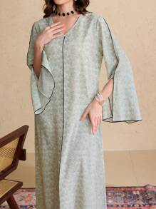 Al Najma V-Neck Long Sleeve Patchwork Minimalist Dress,Modest - Green - View 4