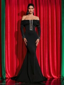 Glamrae 优雅黑色露肩长袖褶皱网眼透视深 V 奢华重工业三维热钻手工串珠鱼尾重工业晚礼服、晚礼服、正式舞会礼服，适合婚礼嘉宾、毕业典礼 - 黑色 - 查看 1