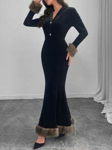 Modelyn Women's Fluffy Colorblock Dress With Fish Tail Design, Elegant For Autumn/Winter Long Evening Dresses