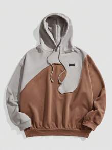 Manfinity NXTstreet Men's Brown Stripe Autumn Streetwear City Break Back-To-School Casual Loose Patchwork Long Sleeve Hoodie,Colorblock Pullover Sweatshirt For Winter - Black - View 1