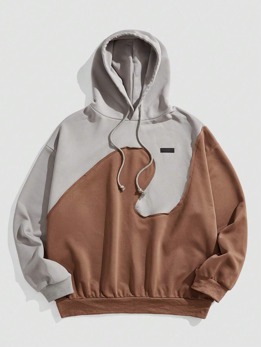 Manfinity NXTstreet Men's Brown Stripe Autumn Streetwear City Break Back-To-School Casual Loose Patchwork Long Sleeve Hoodie,Colorblock Pullover Sweatshirt For Winter - Black - View 1