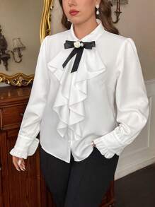 SHEIN Privé Plus Size Women's Elegant Commuter Long Sleeve Shirt With 3D Rose Flower, Bow & Ruffle Decor Spring Fall - White - View 6