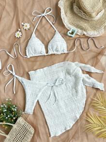 Soleia 3pcs Women's White Jacquard V-Neck Bikini Cover Up Wrap Around Skirt Set, Swim Suits For Women,Vacation Outfit Women,Summer Outfits For Women,Beach Outfits For Women - White - View 6