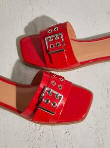 SHUZIA Women's Big Buckle Grommet Decor Square Toe Flat Slide Sandals-Punk Chic, Edgy & Spring Shoes Spring Break Easter - Red - View 5