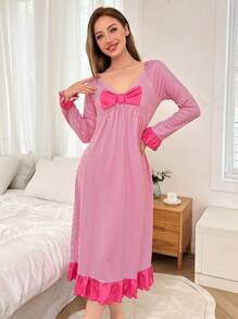 Sweet Striped Pattern Big Bow Ruffle Hem Women Night Dress - Hot Pink - View 6