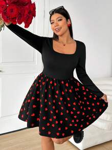 SHEIN EZwear 女士加大码情人节连衣裙情侣款心形图案拼布连衣裙下摆连衣裙长袖方领连衣裙春夏装 - 彩色 - 查看 6