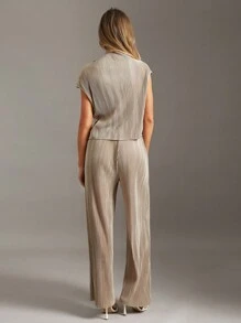 Siren Gaze Mock Neck Batwing Sleeve Blouse & Wide Leg Pants Brown Summer Casual - Khaki - View 2