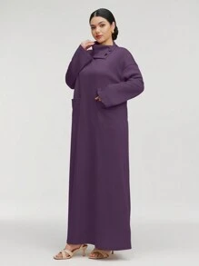 Al Najma 女士纯色高领长袖口袋宽松长款休闲阿拉伯连衣裙，休闲风格，适合日常休闲/旅游/度假/休假/家居服，超长阿拉伯连衣裙 - 紫色 - 查看 4