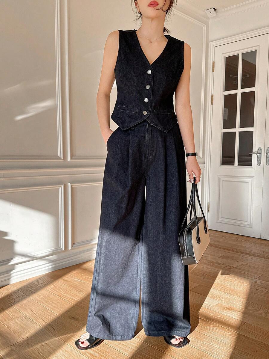 DAZY Western Style Women's Cowboy Clothing V-Neck Vest Wide-Leg Pants Women's Denim Suit Work Women Clothes - Dark Wash - View 1