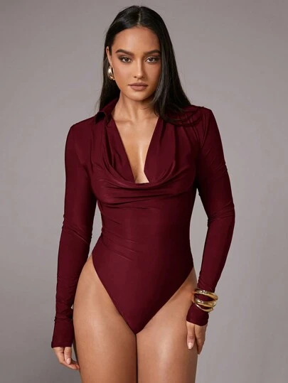 Silquee 女士优雅纯色咖啡棕色微闪光银河摆领长袖紧身衣，适合办公室、新年、圣诞派对、新年派对、约会、感恩节装扮、鸡尾酒会、家庭聚会、正式晚会、姐妹聚会、黑帮妻子风格、冬季分层穿着