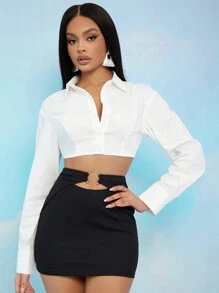 SHEIN BAE 纯色短款衬衫，长袖上衣 - 白色 - 查看 1