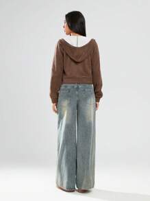 TRNVIE 1件女士抓绒短款露脐卫衣，棕色，休闲街头风，冬季套头衫 - 棕色 - 查看 2