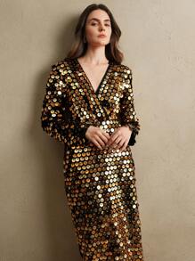 Anewsta 高端品牌女式亮片装饰长袖连衣裙，秋冬款 - 金色 - 查看 3